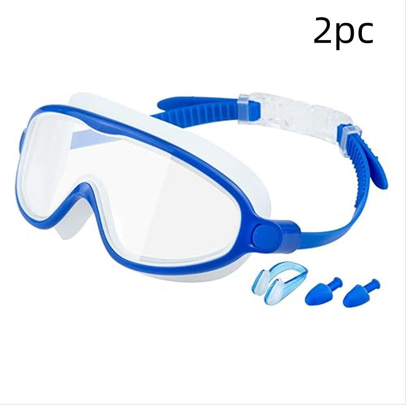 Blue and white swim mask with earplugs on a white background