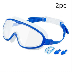 Blue and white swim mask with earplugs on a white background