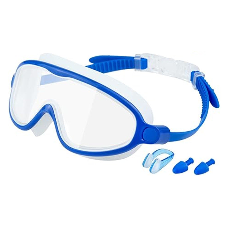Blue and clear swim mask with earplugs on a white background