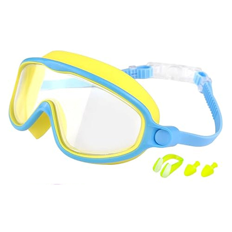 Yellow and blue diving mask with earplugs on a white background