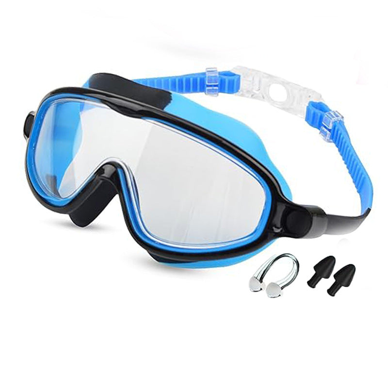Blue and black diving mask with accessories on a white background