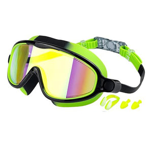 Neon green and black goggles with a brand logo on a white background
