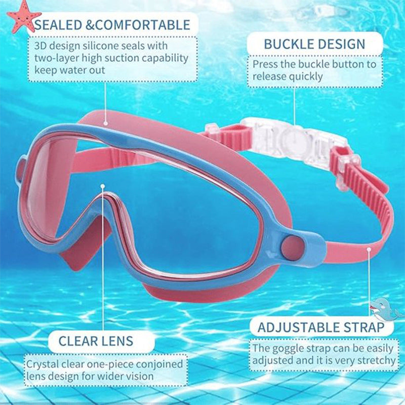 Swimming goggles with features highlighted on a pool background