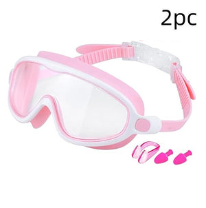 Pink and white swim goggles with earplugs on a white background