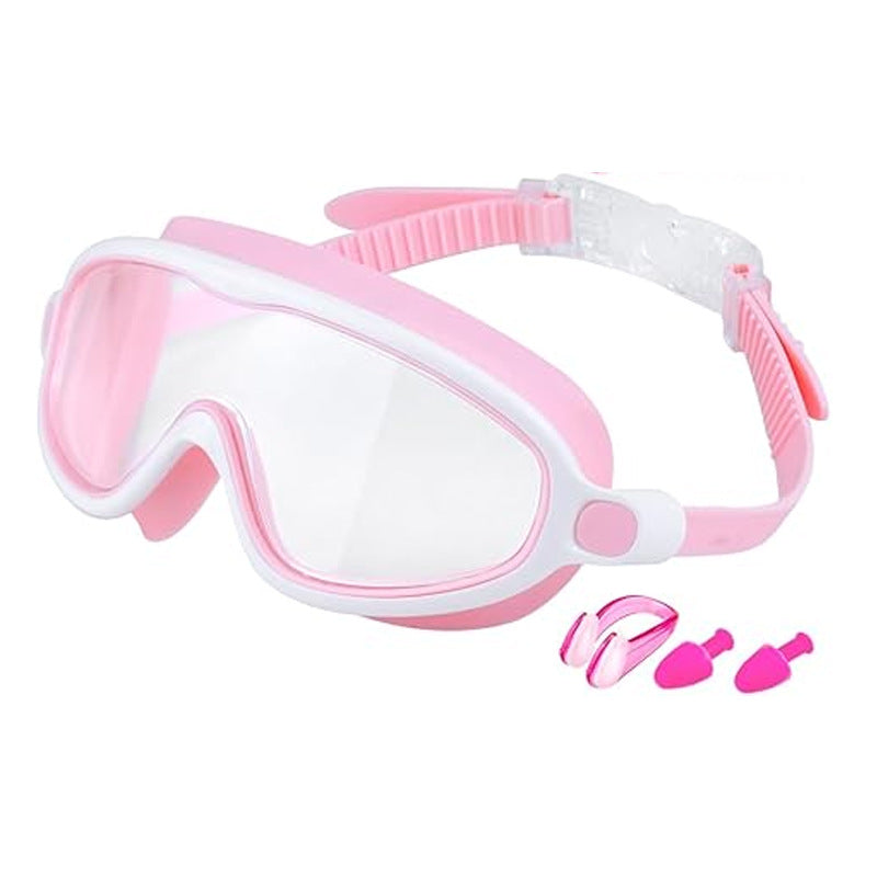 Pink and white diving mask with snorkel and earplugs on a white background