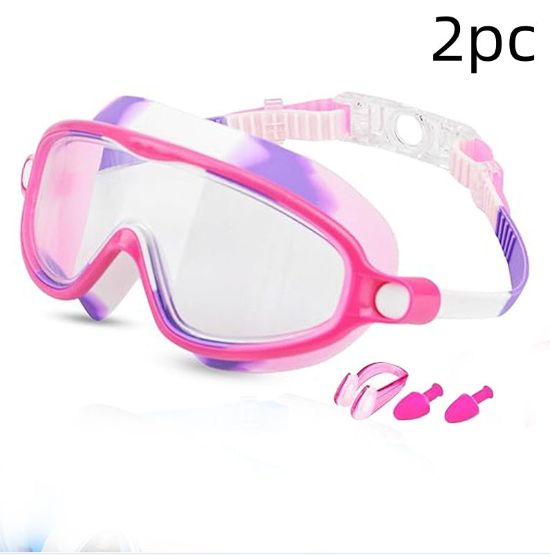 Pink and purple swim goggles with additional parts on a white background