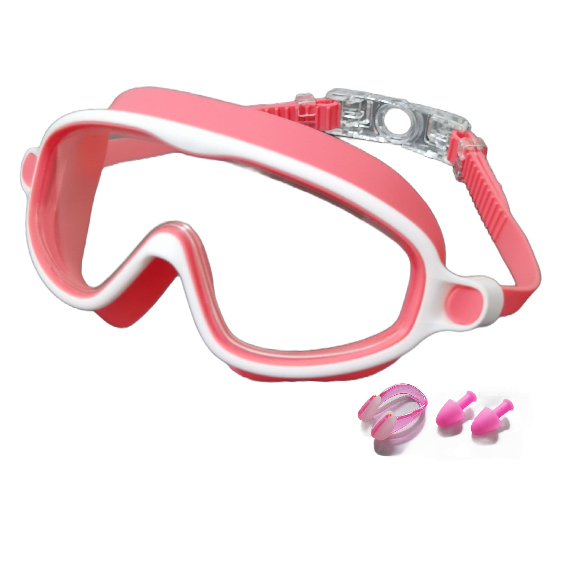 Pink and white diving mask with snorkel and earplugs on a white background
