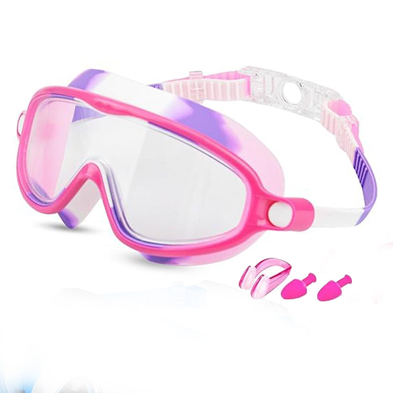 Pink and purple swim goggles with additional components on a white background