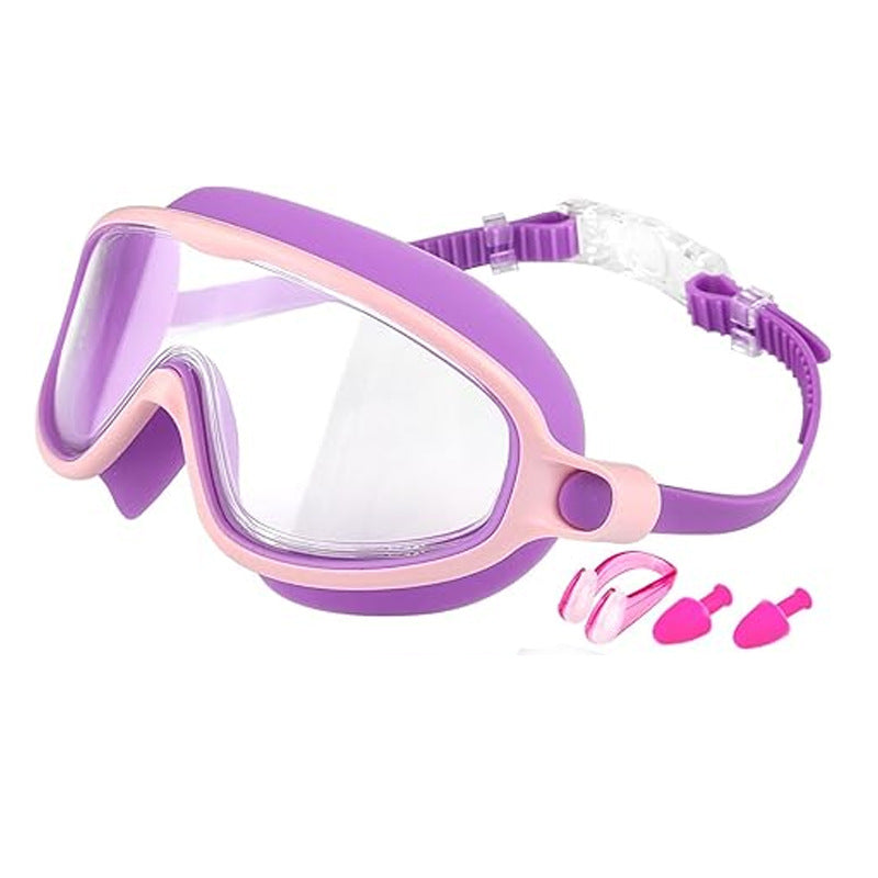 Purple and pink diving mask with snorkel and earplugs on a white background