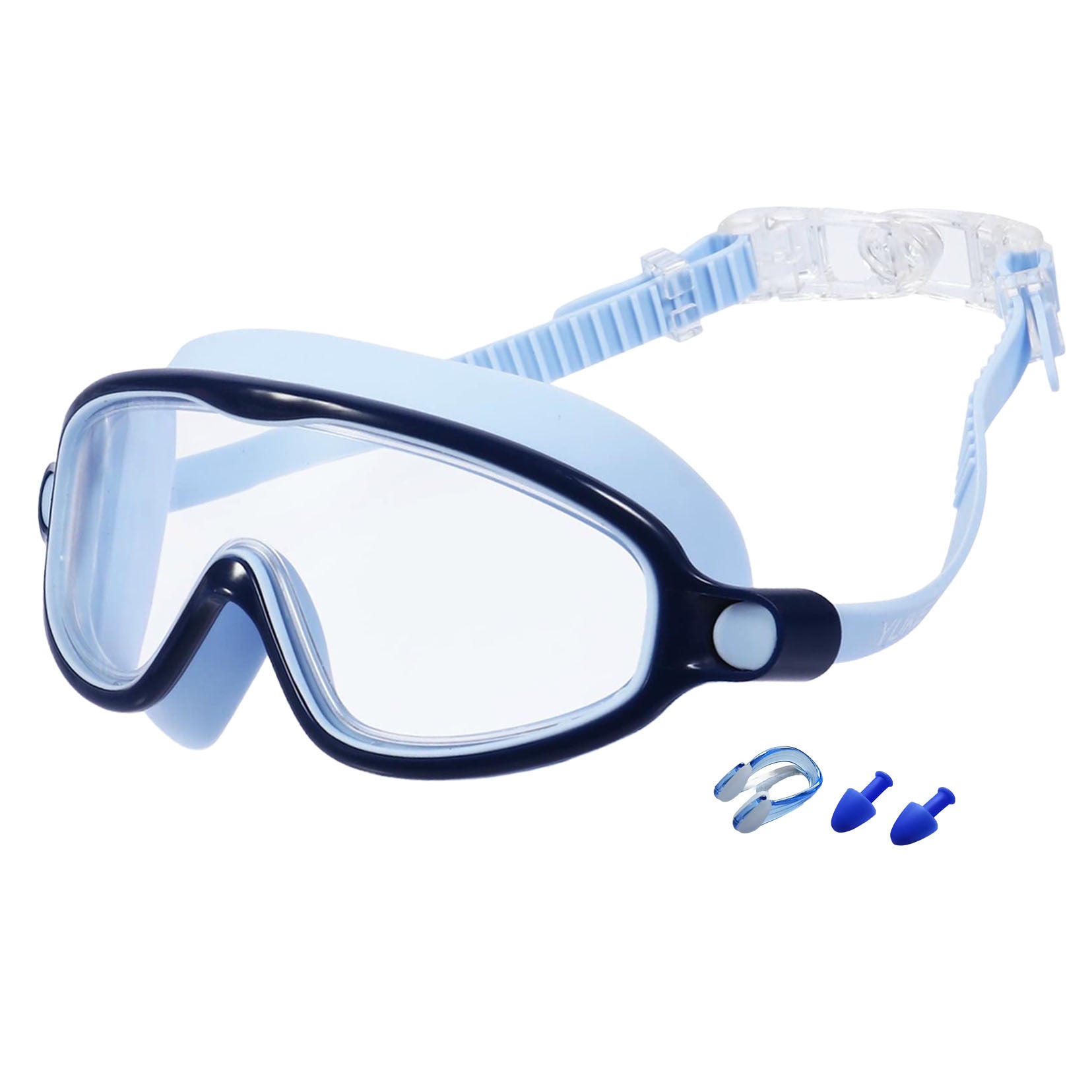 Swimming goggles with blue earplugs on a white background
