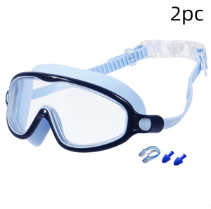 Diving mask with blue nose clip and earplugs on a white background