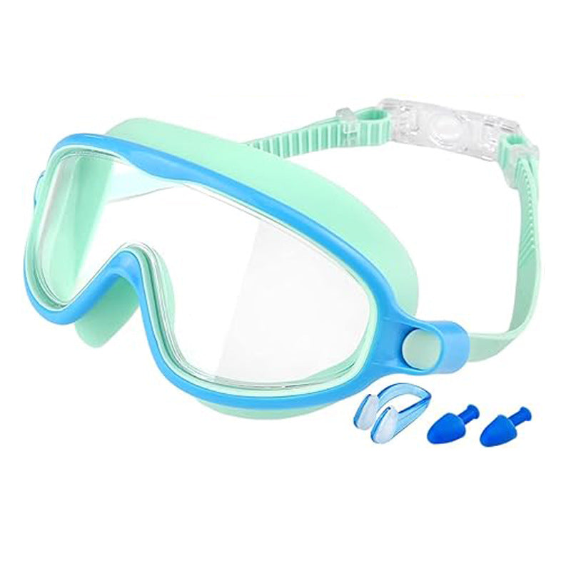 Snorkeling mask with blue and green frame on a white background