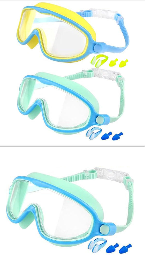 Three pairs of swim goggles with blue and yellow accents on a white background.