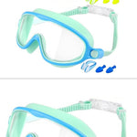 Three pairs of swim goggles with blue and yellow accents on a white background.
