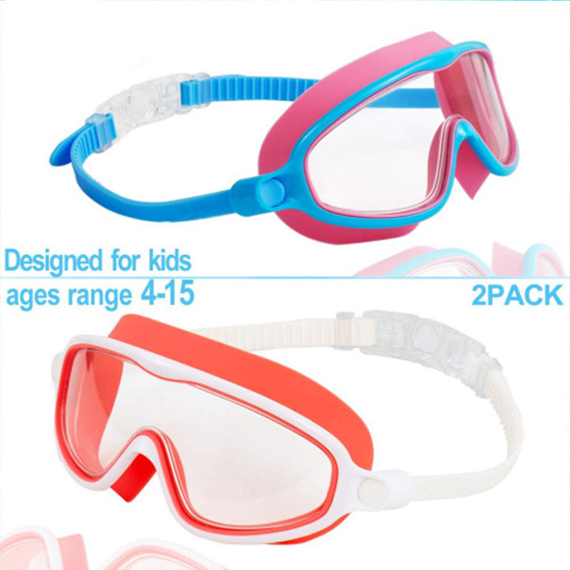 Two pairs of children's swim goggles with pink and blue frames and red and white frames on a light blue background.
