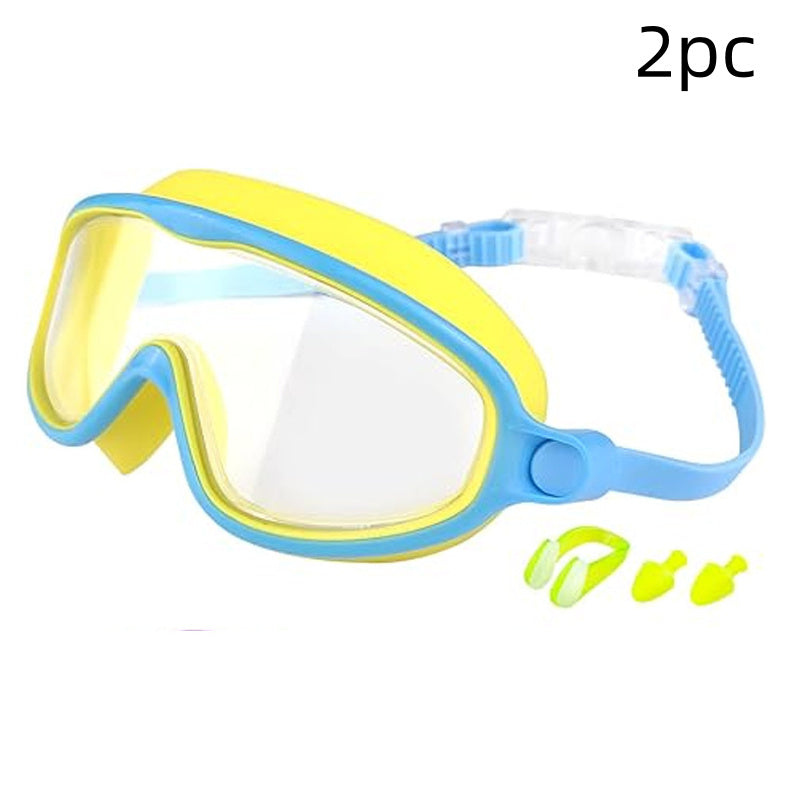 Yellow and blue swim mask with earplugs on a white background