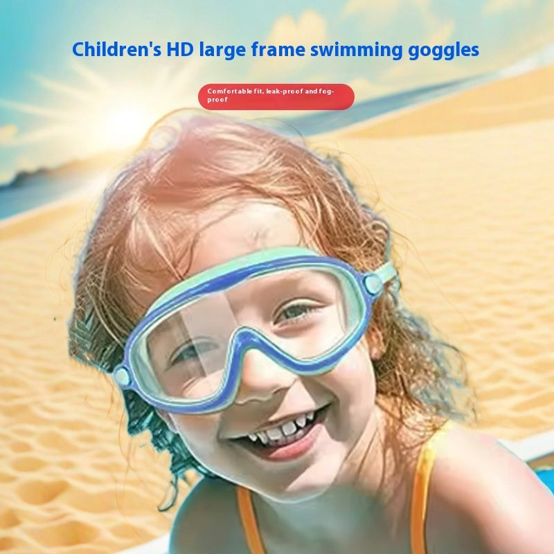 Child wearing large frame swimming goggles with a beach background