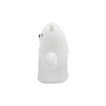 White ghost-shaped object with a small black eye on a white background