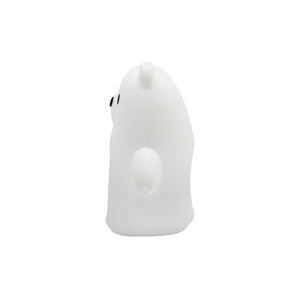 White ghost-shaped object with a small black eye on a white background