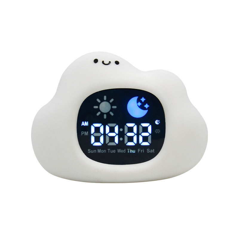 Cloud-shaped digital clock with a smiley face on a white background