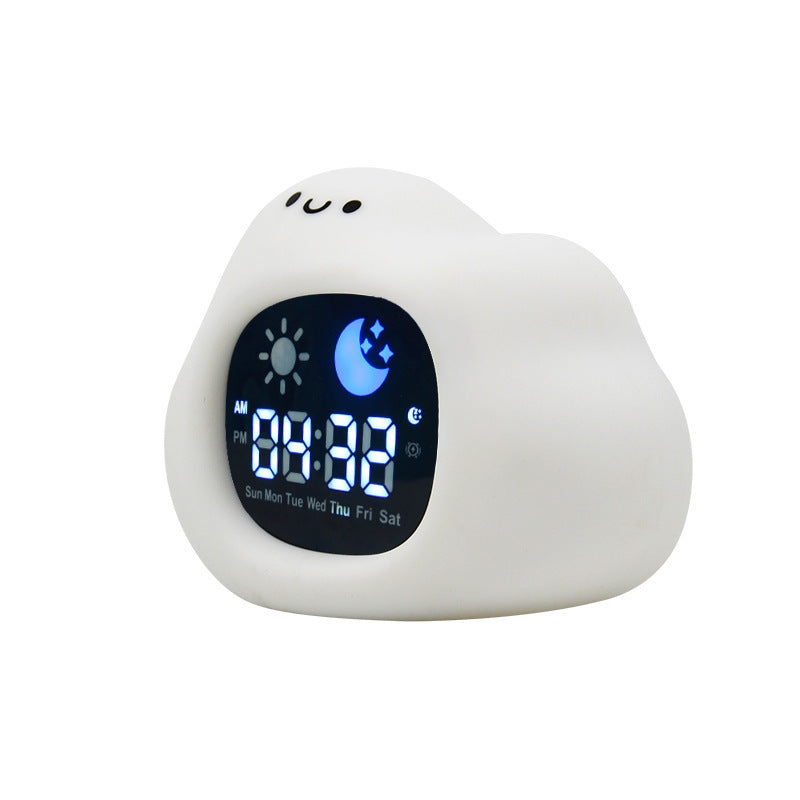 White cloud-shaped digital clock with a digital display on a white background