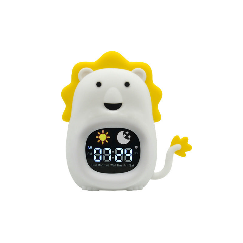 Children's lion-shaped digital clock with a white body and yellow mane on a white background