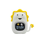 Children's lion-shaped digital clock with a white body and yellow mane on a white background