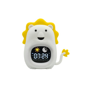 Children's lion-shaped digital clock with a white body and yellow mane on a white background