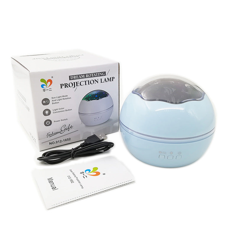 Blue projection lamp with packaging, power cable, and cleaning cloth on a white background
