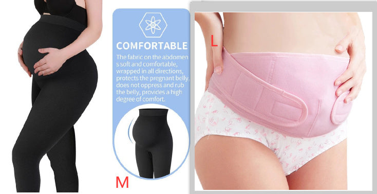 Pregnancy support belts in black and pink with text on comfort and size.