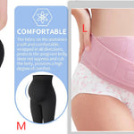 Pregnancy support belts in black and pink with text on comfort and size.