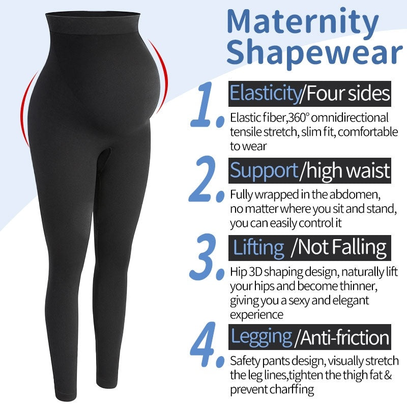 Black maternity shapewear with features listed on a light blue background