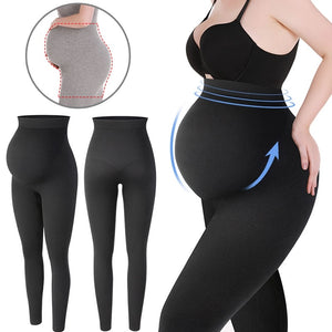Black shapewear leggings with a close-up inset showing a before-and-after effect.