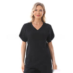 Woman wearing a black V-neck t-shirt on a white background