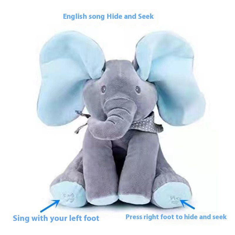 Plush elephant toy with instructions on how to interact with it.