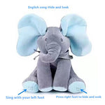 Plush elephant toy with instructions on how to interact with it.