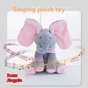 Plush toy elephant with pink ears and musical notes around it, labeled 'Singing plush toy' and 'Xuan Jingpin'.