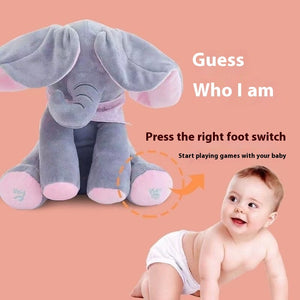 Elephant plush toy with interactive feature for baby play on a pink background