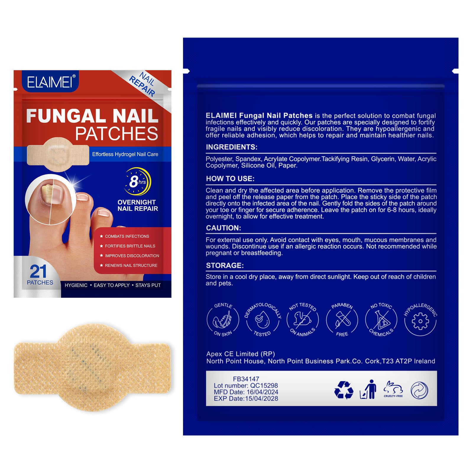 Elai Mei fungal nail patches packaging with a patch on a white background