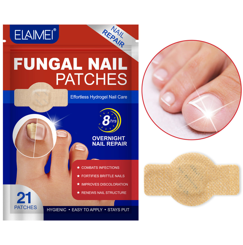 Elaimei fungal nail patches packaging with a close-up of a patch applied to a toe.