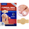 Elaimei fungal nail patches packaging with a close-up of a patch applied to a toe.