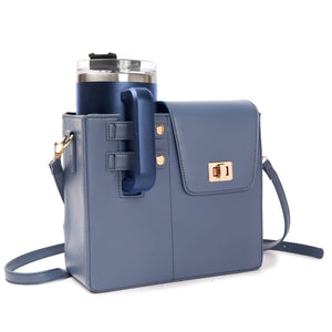 Blue handbag with a matching tumbler on a white background
