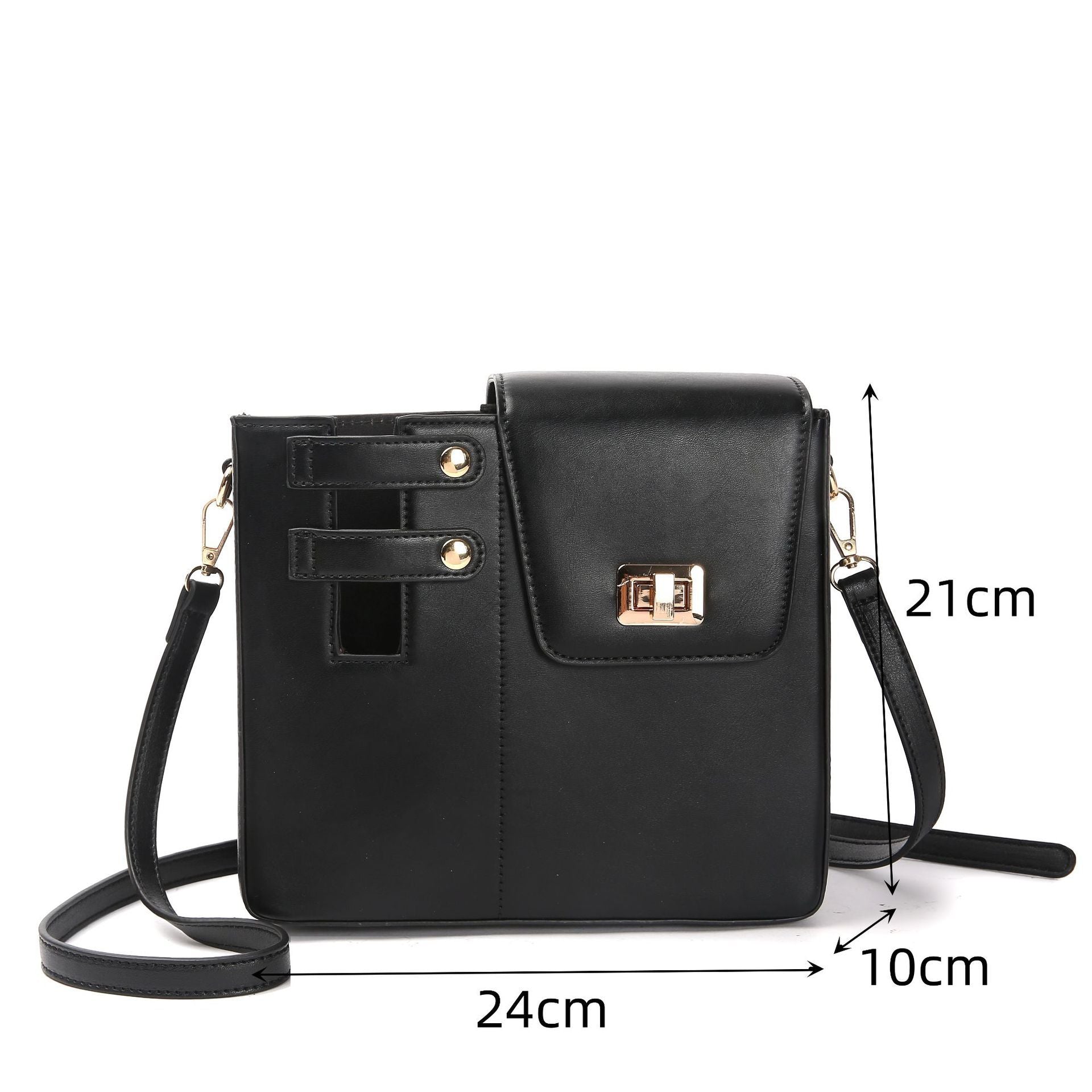 Black crossbody bag with measurements on a white background