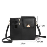 Black crossbody bag with measurements on a white background