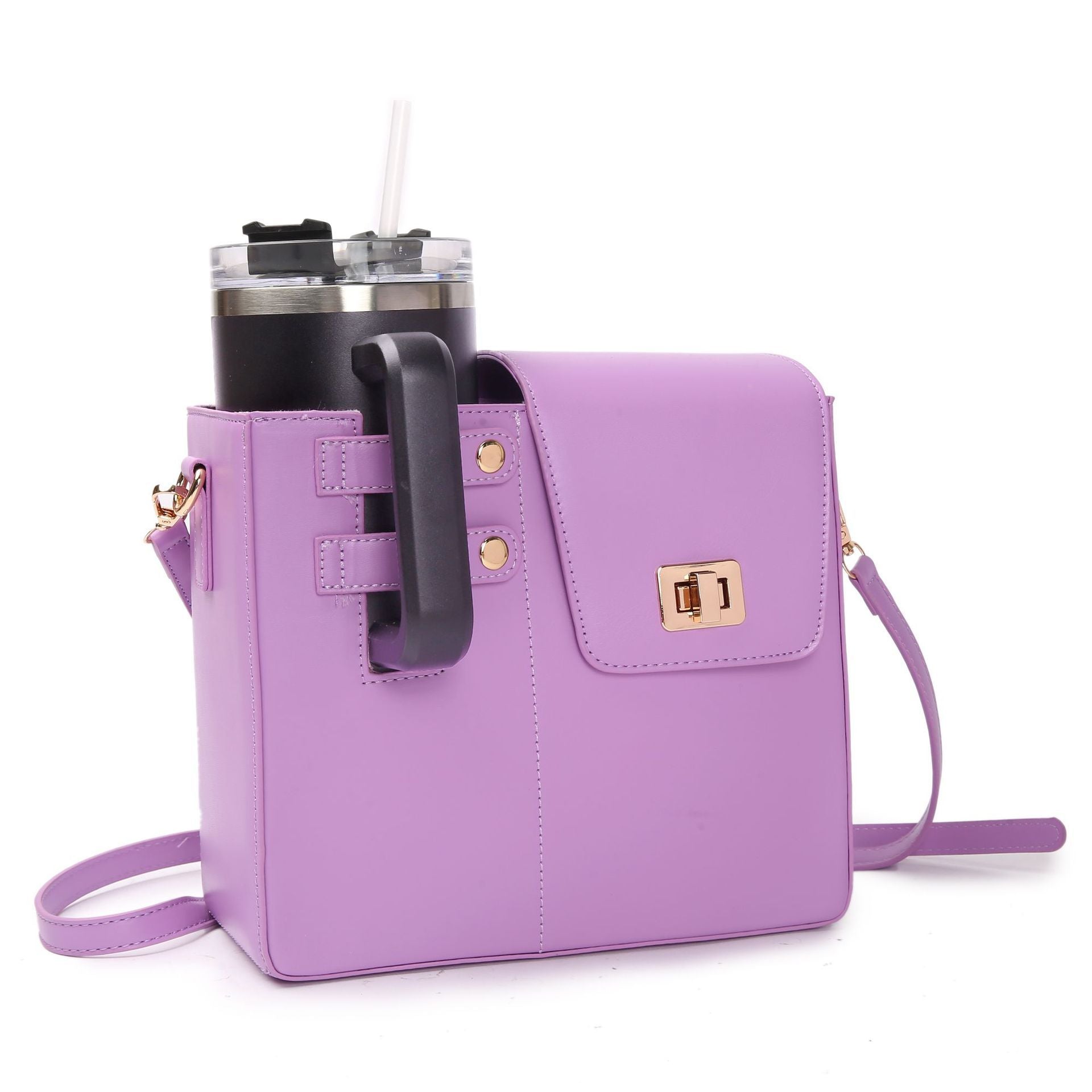 Purple crossbody bag with a cup holder on a white background