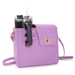 Purple crossbody bag with a cup holder on a white background