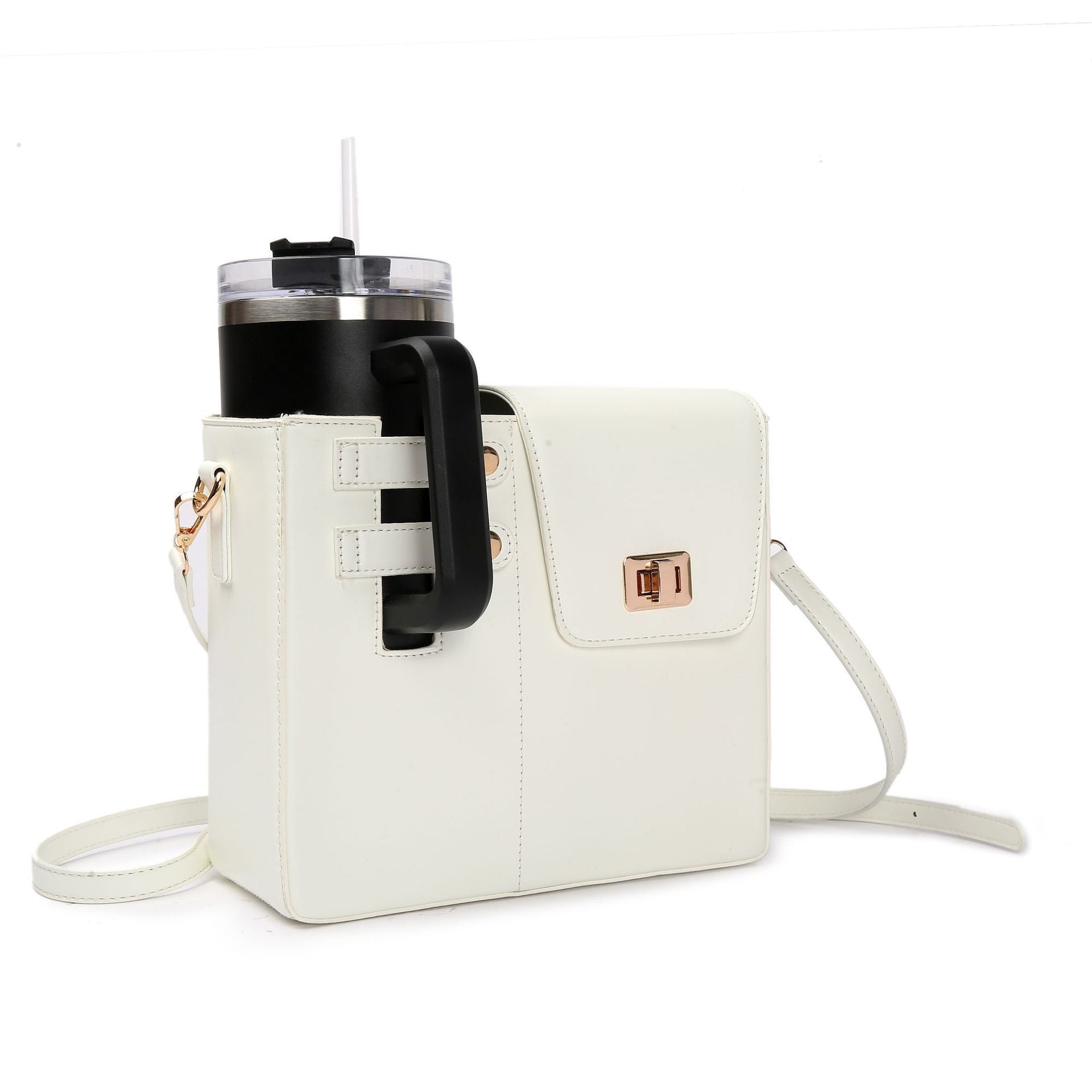 White crossbody bag with a cup holder on a white background