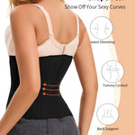 Woman wearing a shapewear product with text highlighting features on a beige background