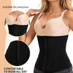 Woman wearing a black waist trainer with beige top, surrounded by close-up insets and text about comfort and suitability.