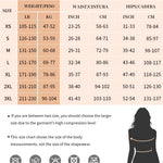 Size chart for shapewear with weight, waist, and hip measurements in both inches and centimeters, along with a silhouette of a person wearing shapewear.